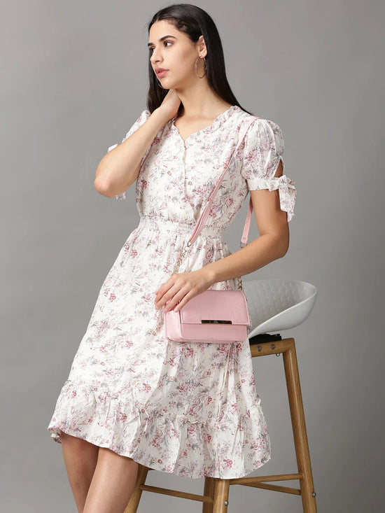 Women's CreamPink Floral Fit and Flare Dress-KG-4099-Creampink