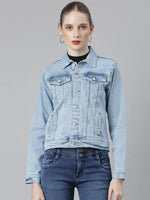 Women Blue Solid Denim Jacket-GZ-5534-Blue