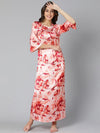 Flossy pink floral print women long nightwear dress