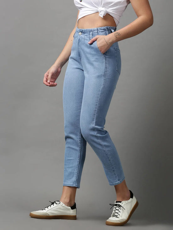 Women's Blue Solid Boyfriend Fit Denim Jeans-GZ-5327-Blue