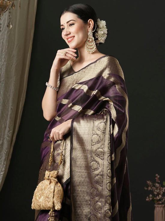 Saree Mall Women's Organza Purple Woven Design Designer Saree With Blouse Piece-UNATI1001