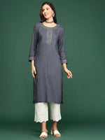 Women's Grey Solid Straight Kurta-ON-611-Grey