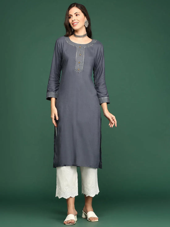 Women's Grey Solid Straight Kurta-ON-611-Grey