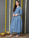 Ahika Women Blue Cotton Printed Anarkali Kurta Pant Set