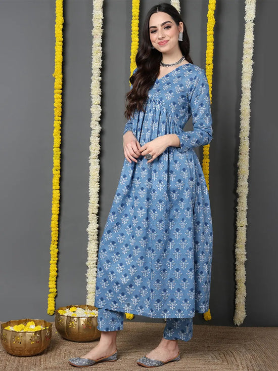 Ahika Women Blue Cotton Printed Anarkali Kurta Pant Set