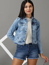 Women's Blue Solid Denim Jacket-GZ-5502-Blue