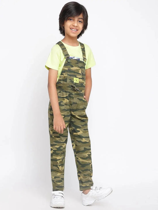 Tales & Stories Boys Olive Regular Fit Lycra Print Dungaree