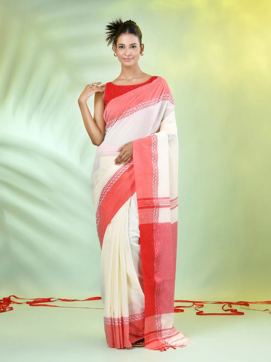 Off White Cotton Saree With Temple Borders-MA66CT43640011