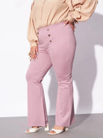 Women Pale Pink Mock Button Detail Bell Bottom Trousers