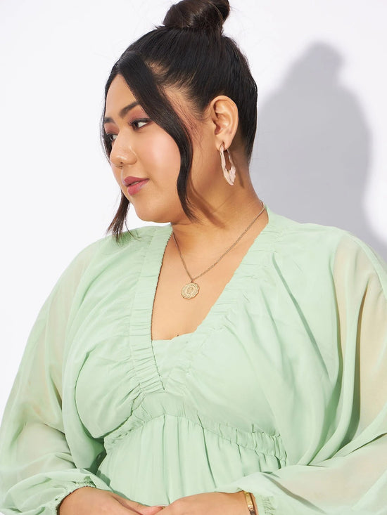 Women Mint Green V-Neck Peplum Top