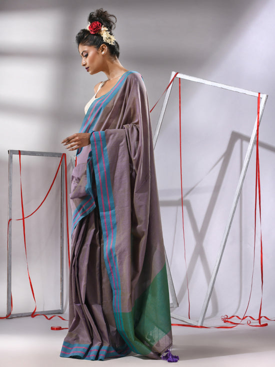 Ecru Cotton Saree With Stripes Border-MA55CT06520042