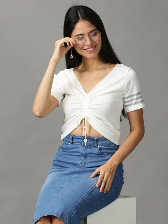 Women's White Solid Fitted Crop Top-GF-N277-White