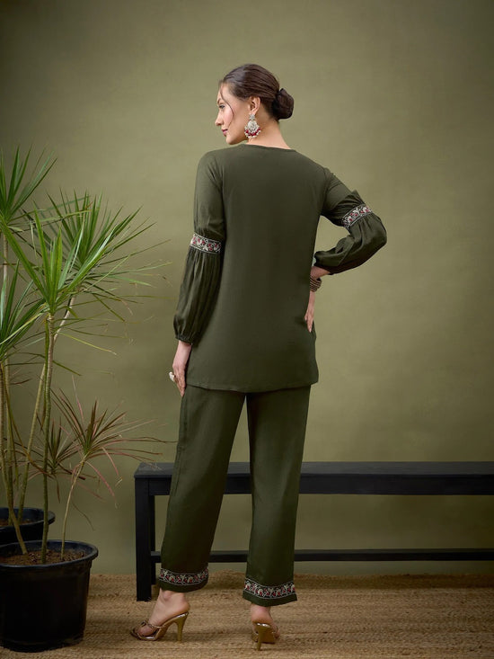 Women Olive Front Embroidered Shirt With Palazzos