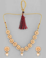 Gold Plated Pearl Studded Floral Necklace And Earrings-VOJ386