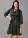 Women's Black Striped Fit and Flare Dress-AE-15712-Black