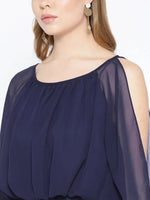 Flared midi dress with blouson yoke in Midnight Blue