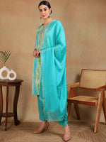 Ahika Women Turquoise Blue Cotton Blend Embroidered Straight Kurta Pant Set