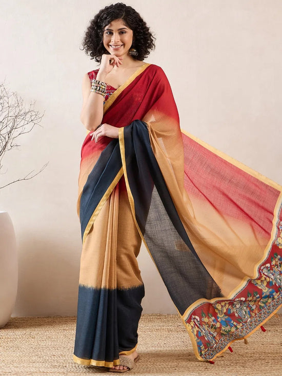 Ahika Women Multi Linen Kalamkari Printed Saree-VFSAR1009