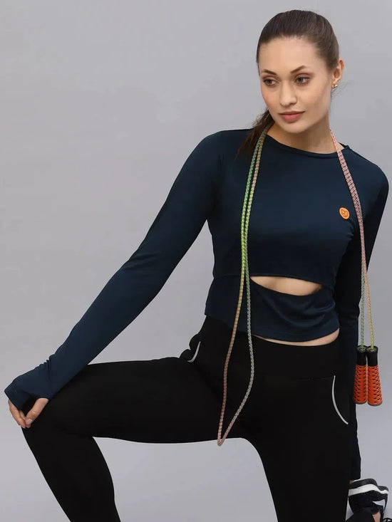 Rigo Blue Cut-Out Waist Round Neck Full Sleeve Activewear Crop Top