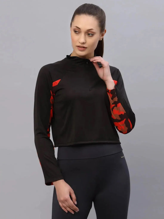 Rigo Black With Contrast Printed Detail Zip Neck Full Sleeve Activewear Top