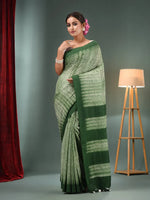 White And Green Cotton Handwoven Shibori Print Saree-MA50CT06880074