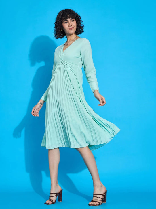 Women Sea Green Twisted Pleated Skater Dress