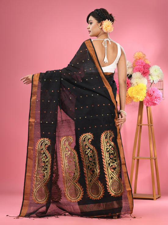 Black Cotton Blend Handwoven Saree With Zari Border-MA51BCT431270026