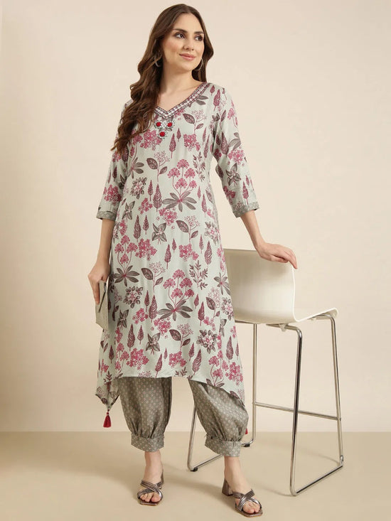 Women A-Line Grey Floral Kurta and Patiala Set-BC-SK-1925-Grey