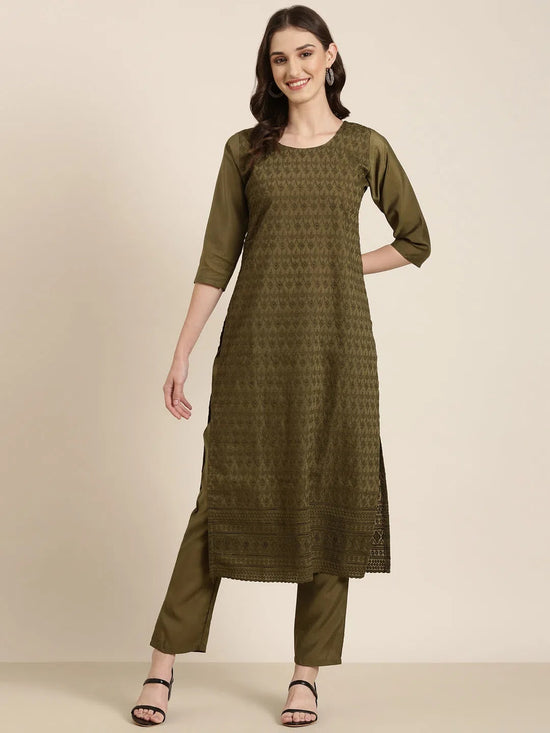 Women Olive Textured Kurta Set-SKC-1215-Olive