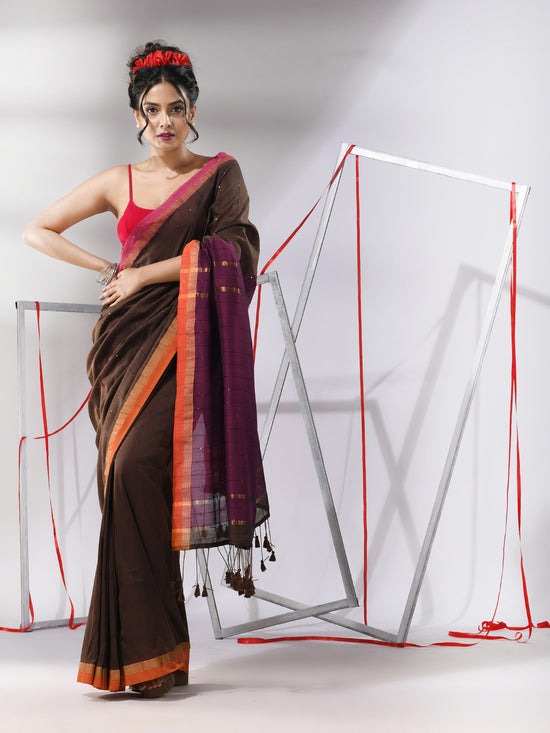 Brown Cotton Saree With Sequined Work-MA55CT06520112