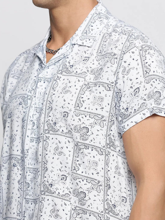 Men White Cuban Collar Printed Over Sized Co-ords Set-ABOMASUM-1840-White