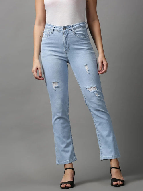 Women's Blue Solid Fit Denim Jeans-GZ-5305-1-Blue