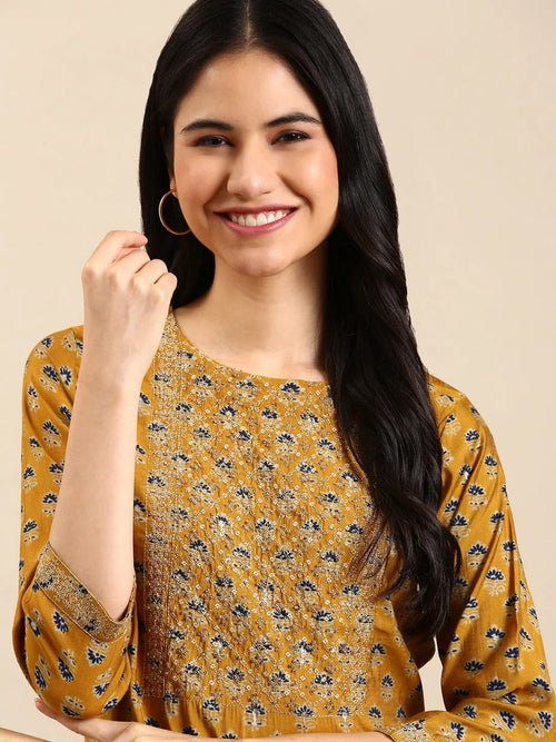 Women's Yellow Printed Straight Kurta-GW-2943-Mustard