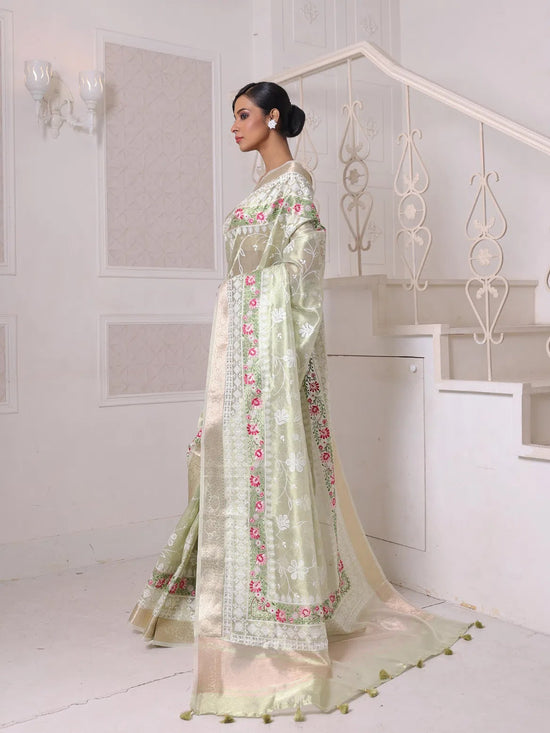 All Over Thread Embroidery Pistachio Green Tissue Saree With Zari Borders-MA64TIS461600009