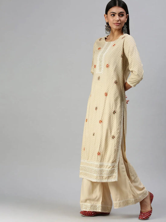 Women's Beige Printed Kurta Sets-GW1684-Cream