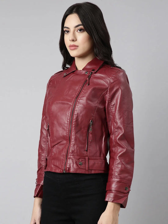 Women Solid Maroon Biker Jacket-8909-Maroon