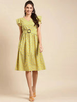 Frill sleeve printed midi dress with buckle belt in Yellow print