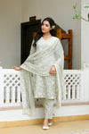 Vaasva Women Pista Linen Embroidered Solid Kurta Set With Solid Pants & Chiffon Embroidered Dupatta-142-Vaas-Pista