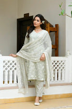 Vaasva Women Pista Linen Embroidered Solid Kurta Set With Solid Pants & Chiffon Embroidered Dupatta-142-Vaas-Pista