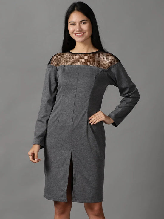 Women's Grey Solid Bodycon Dress-DQ-17-174-F-Grey