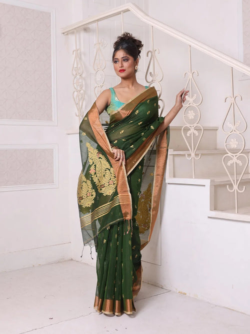 Green Cotton Saree With Zari Borders-MA64BCT401190049