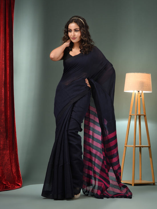 Black Cotton Blend Handwoven Saree With Stripes Pallu-MA50BCT06550049