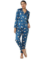 Smarty Pants Women's Silk Satin Teal Blue Color Dog Print Night Suit