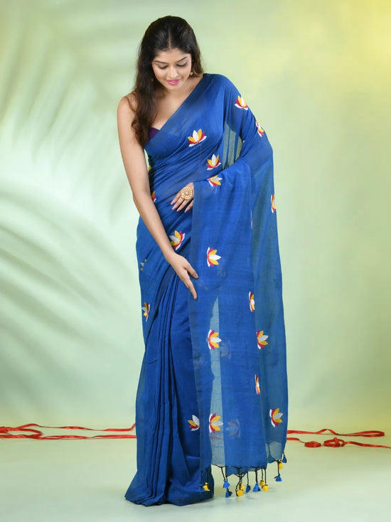 All Over Thread Embroidery Sapphire Blue Cotton Handspun Saree-MA62CH33660047