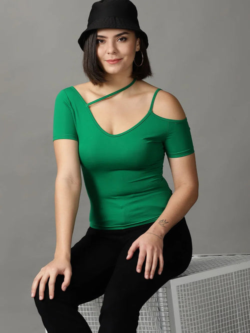 Women's Green Solid Fitted Top-AC-2006-Green