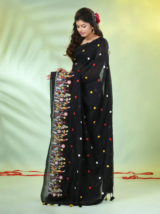 All Over Thread Floral Embroidery Black Cotton Saree-MA62CT33610076