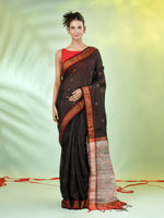 Black Cotton Saree With Jute Weaving Pallu-MA66BCT431930059