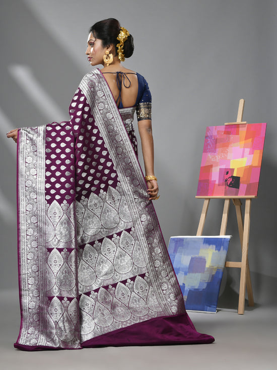 Purple Katan Silk Banarasi Saree With Ethnic Motifs And Zari Woven Designs-MA52KA441380061