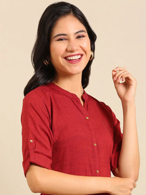 Women's Maroon Solid Straight Kurta-DF-1350-Maroon