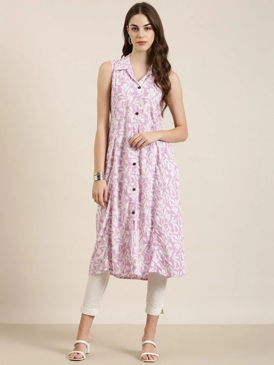 Women Lavender Floral A-Line Kurta-AT-A-693-Lavender